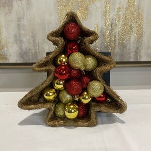 Festive Tree-Shaped Ornament with Red and Gold Baubles